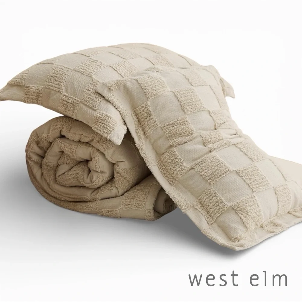 NEW West Elm Beige Checkered Tufted Queen / King Bedding Comforter & Sham Set